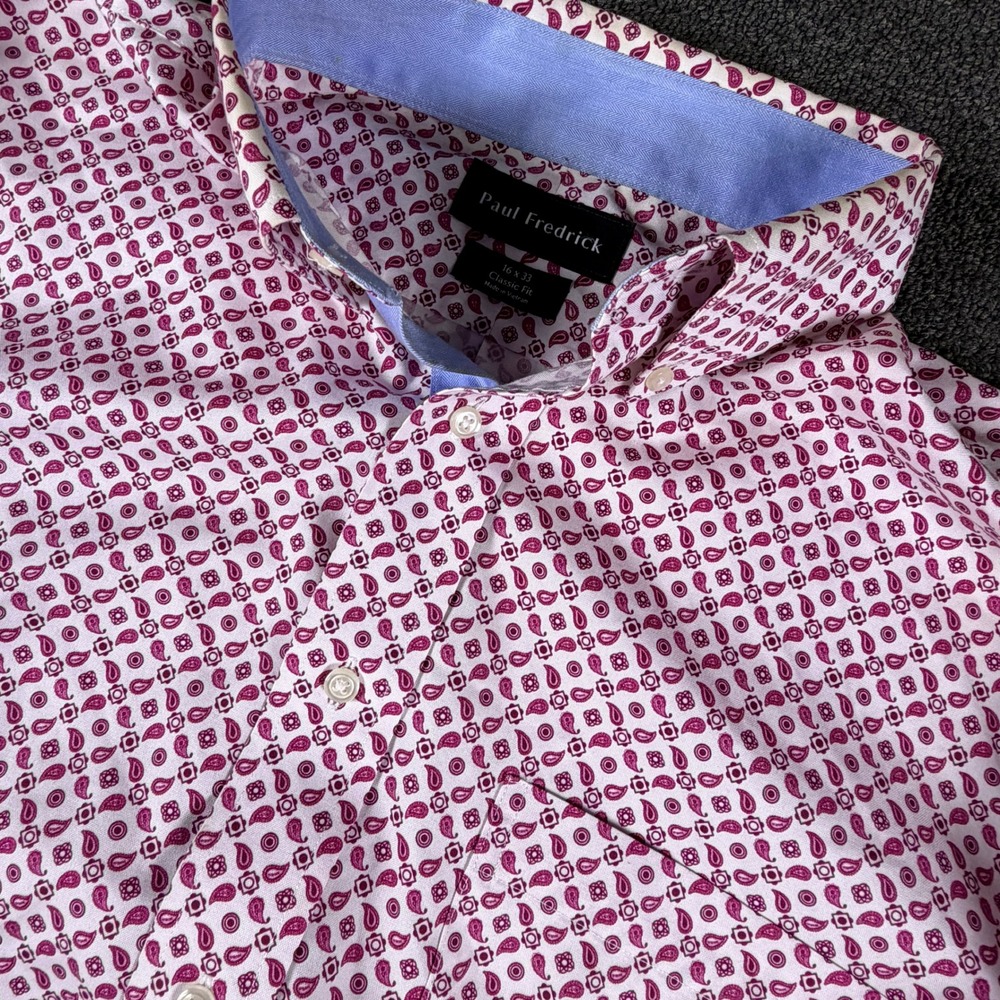 Paul Fredrick Shirt Mens 16x33 Classic Fit Pink Paisley Cotton Lyocell EUC